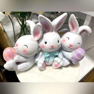 Easter Bunny 🐰Trio With Pastel Pink Glitter Eggs & Ears Resin Tabletop Decor NWT